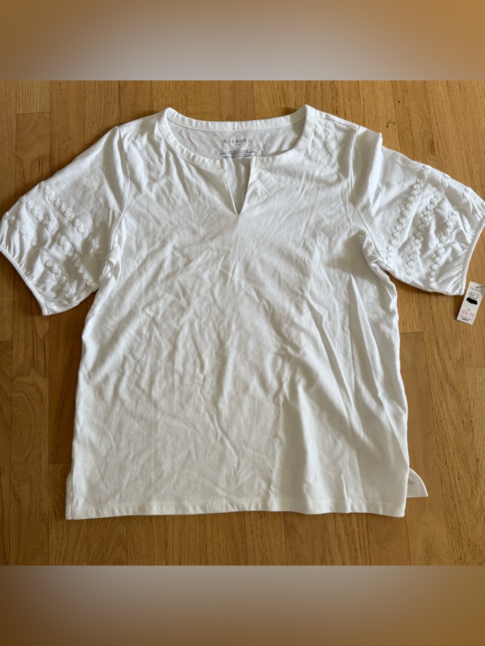 Talbots Medium White V Neck Puff Sleeve Cotton Shirt with embroidered details